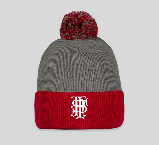 Dark Heather Grey & Red Pom-Pom Beanie