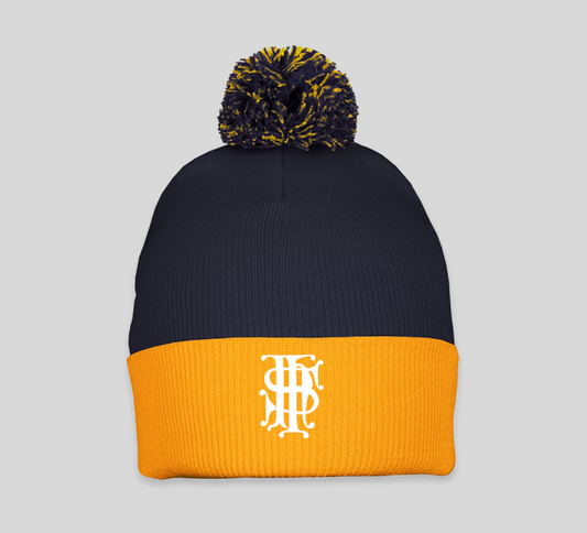 Navy & Gold Pom-Pom Beanie